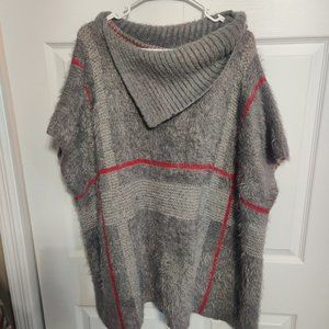 Arianna By Howards OS Gray Poncho Red Stripe Cowl Neck Pullover Sweater one size